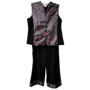 Sold  Woman’s Black Velvet Pant Suit With Pink Floral Embroidered Vest